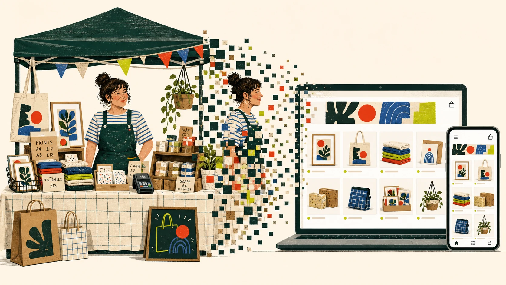 An independent maker and busy market stall transforming through square pixels into the same business on a laptop and phone